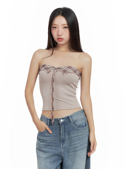 contrast-plaid-tie-tube-top-cl508 / Beige