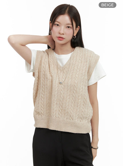 cable-knit-sleeveless-v-neck-vest-og416 / Beige