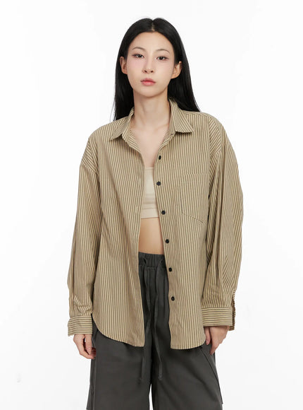 relaxed-fit-striped-button-up-long-sleeve-shirt-cg526 / Beige
