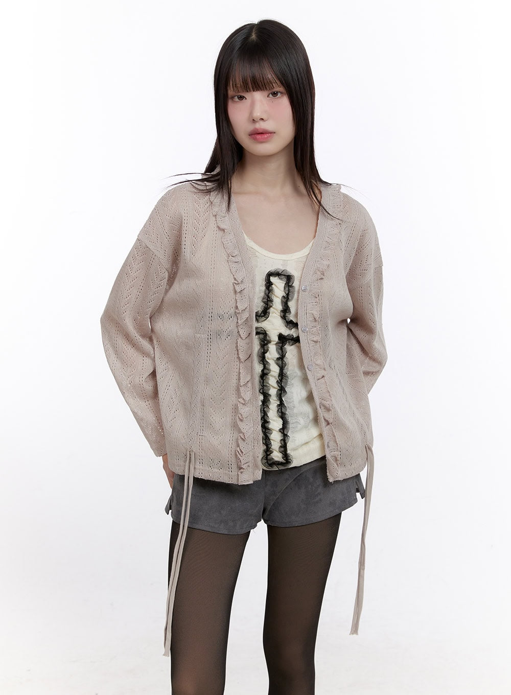 sheer-knit-buttoned-cardigan-cf512 / Beige