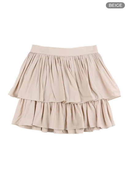 solid-ruched-ruffle-hem-mini-skirt-oy421 / Beige