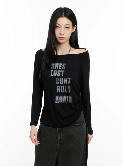 graphic-off-shoulder-long-sleeve-top-cg522 / Black