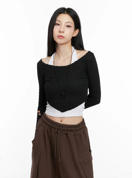 Cropped Eyelet Long Sleeve Top CG525
