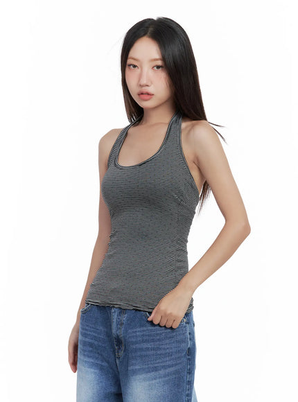 striped-slim-fit-halter-tank-top-cl509 / Black