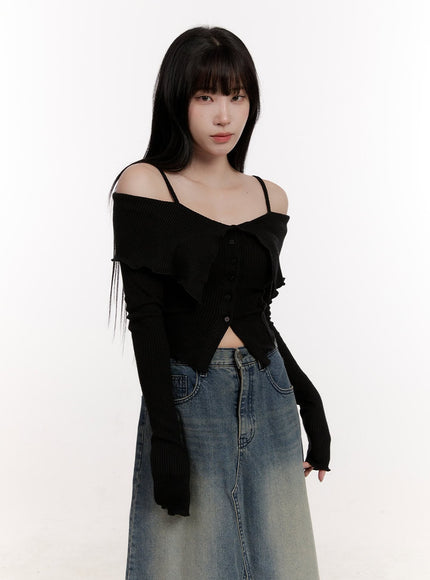 strapped-off-shoulder-long-sleeve-crop-top-cj529 / Black