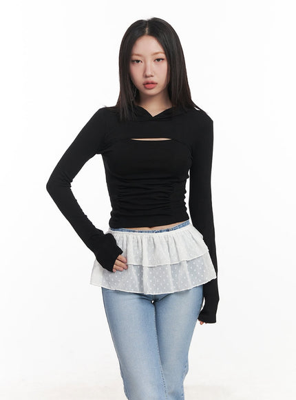 shirred-cut-out-crop-hoodie-top-ca521 / Black