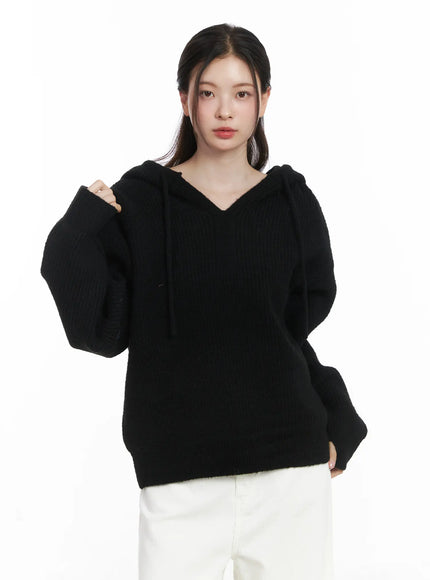 v-neck-knit-hoodie-cj507 / Black