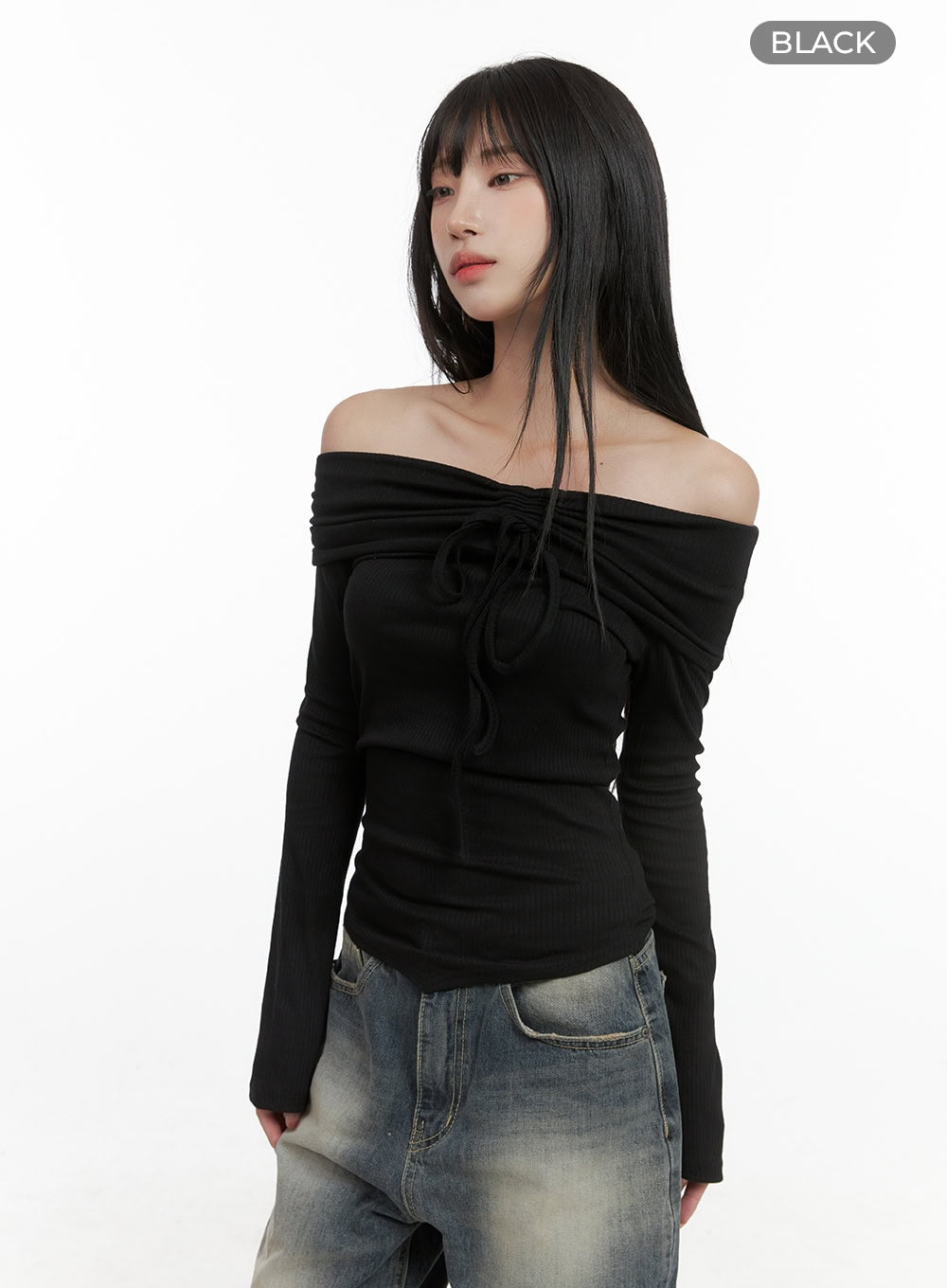 ribbon-shirred-off-shoulder-top-cs403 / Black