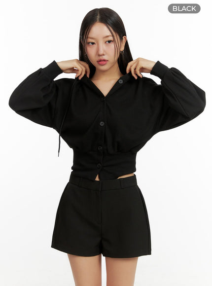 buttoned-crop-sweat-hoodie-ou411 / Black