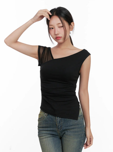 asymmetric-sheer-mesh-tank-cl518 / Black