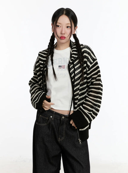 Striped Knit Hooded Cardigan CM511