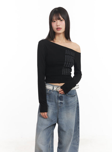 one-shoulder-wrap-long-sleeve-crop-top-ca522 / Black