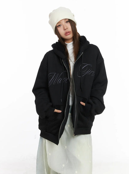 oversized-fleece-lettering-hoodie-cj512 / Black