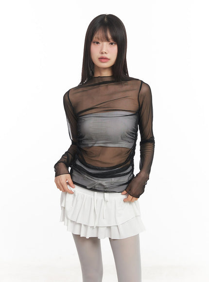 sheer-shirred-long-sleeve-top-ca522 / Black