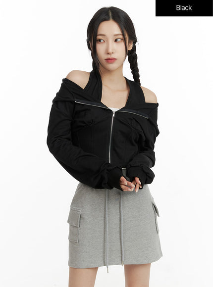 crop-zip-up-sweat-hoodie-cf415 / Black