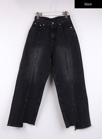 mid-waist-wide-leg-denim-stitching-jeans-cj419 / Black