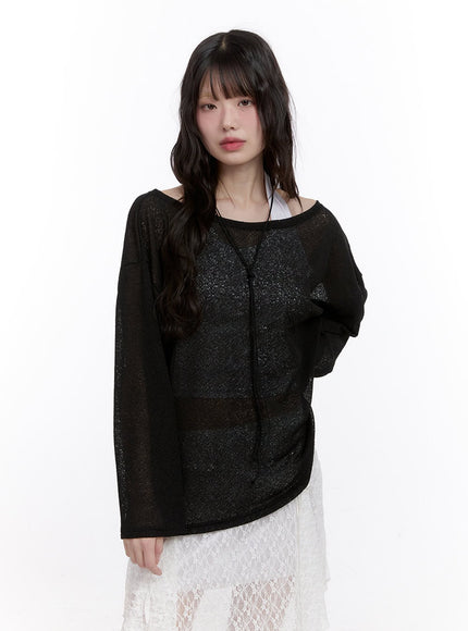 string-sheer-long-sleeve-mesh-top-cf511 / Black