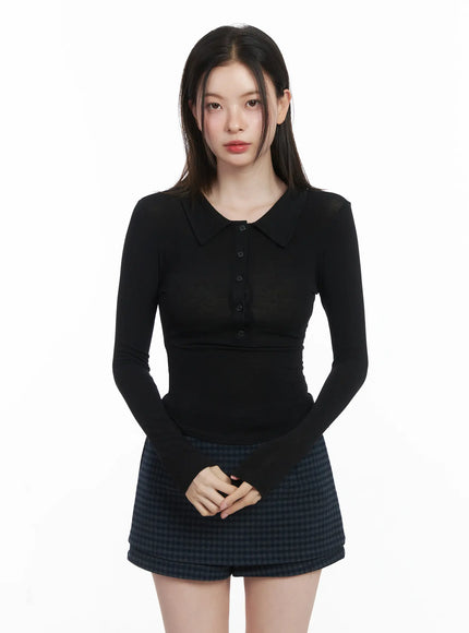Ribbed Long-Sleeve Collared Shirt CJ507