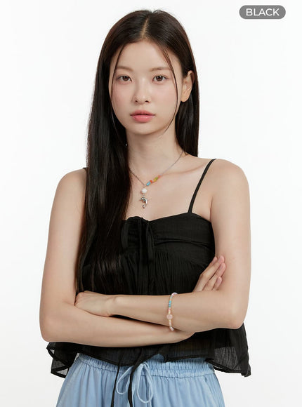 ribbon-shirred-crop-cami-top-ol424 / Black