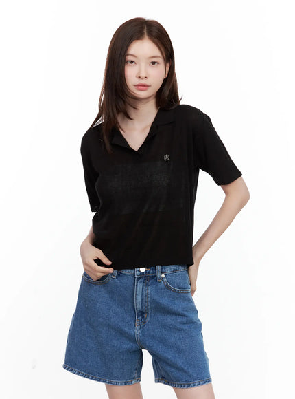 lightweight-mesh-collared-top / Black