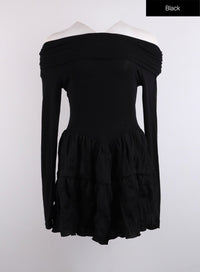 off-shoulder-frill-mini-dress-cj424 / Black