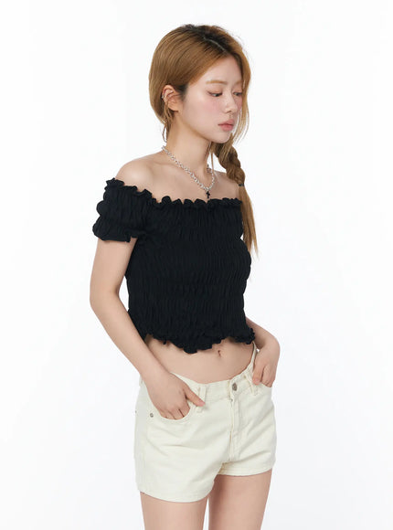 off-shoulder-ruffle-crop-top-cy506 / Black