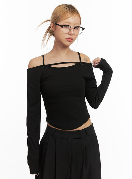 ribbon-off-shoulder-strappy-top-cj508 / Black