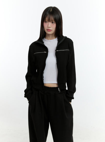 two-way-zip-up-ribbed-jacket-cf507 / Black