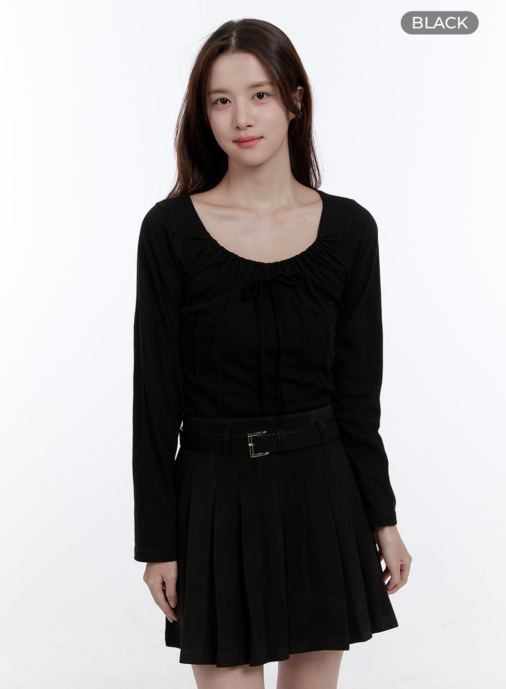 cotton-ribbon-long-sleeve-top-oo407 / Black