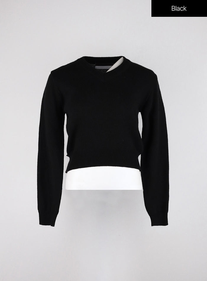 v-neck-knitted-long-sleeve-sweater-od326 / Black
