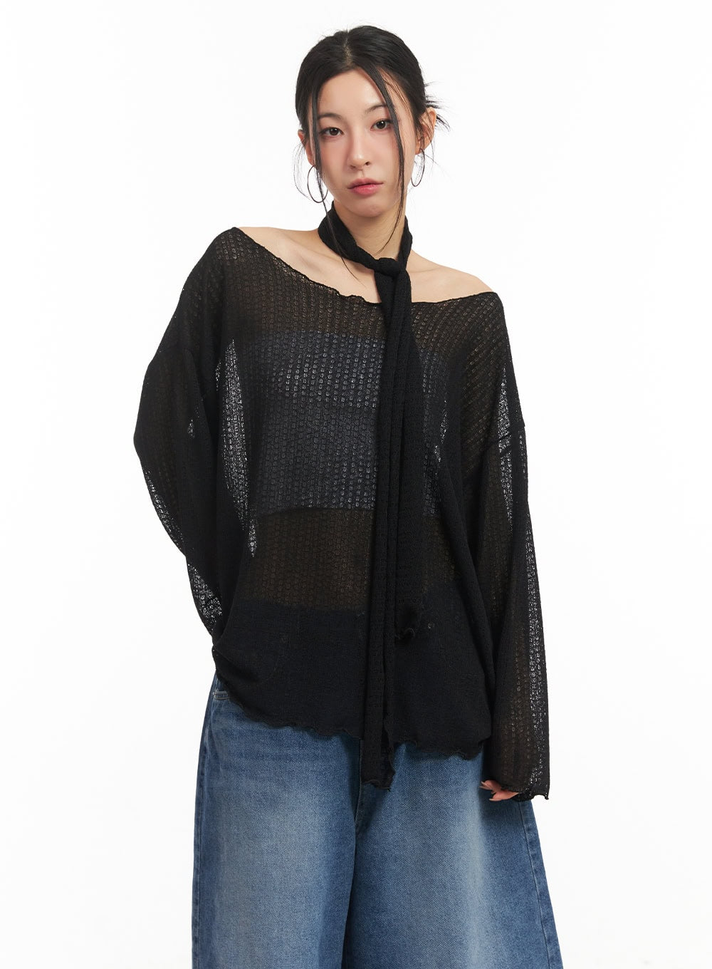 sheer-off-shoulder-top-with-scarf-set-cm503 / Black