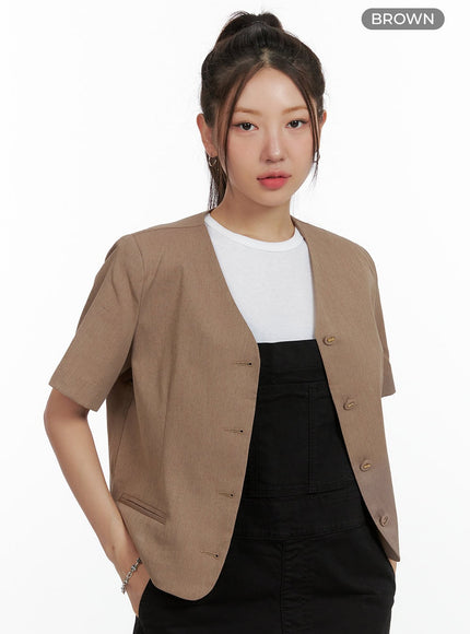 v-neck-linen-blazer-ol408 / Brown