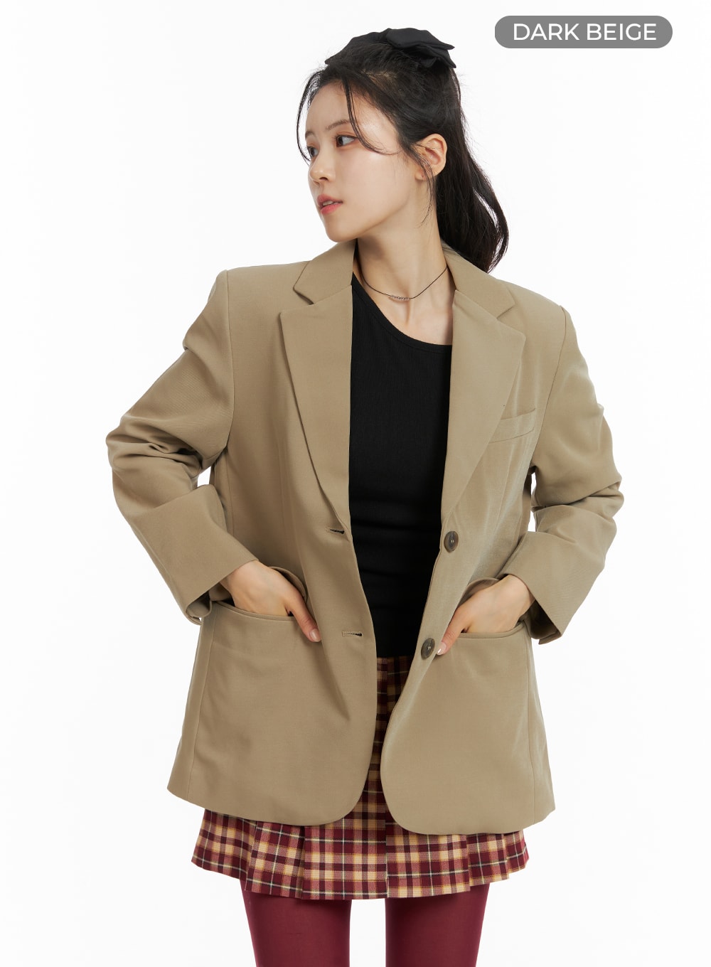 solid-oversized-blazer-jacket-om420 / Dark beige