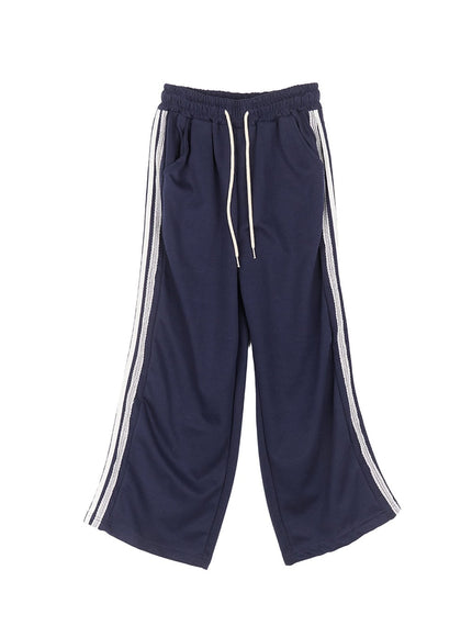 lace-trim-striped-sweatpants-cm504 / Dark blue