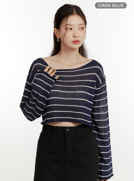 summer-boat-neck-stripe-crop-top-ou418 / Dark blue