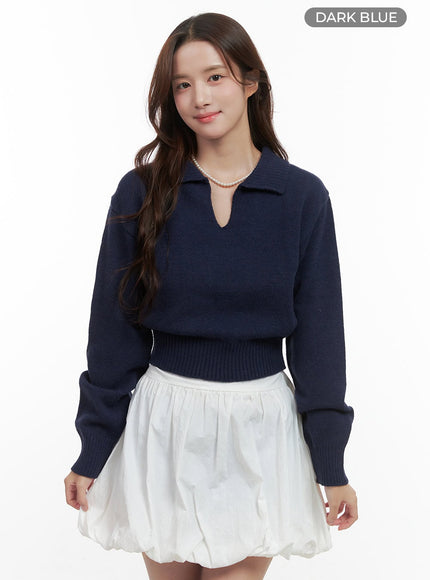 knit-collared-crop-sweater-oo421 / Dark blue