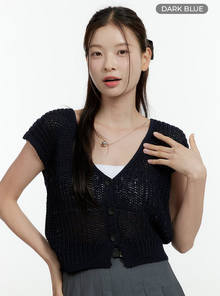 knitted-v-neck-short-sleeve-cardigan-ol430 / Dark blue