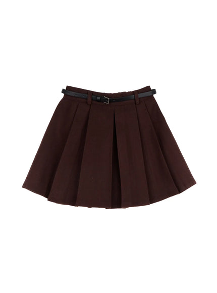belted-pleated-mini-skirt-cd523 / Dark brown