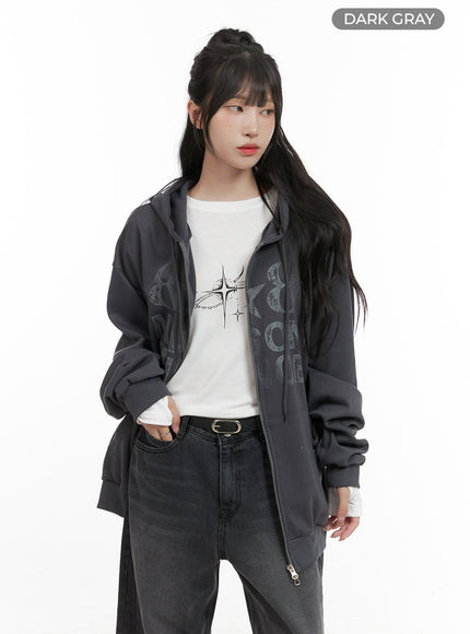 oversized-lettering-zip-up-sweat-hoodie-cg421 / Dark gray