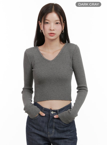 v-neck-slim-crop-long-sleeve-top-og416 / Dark gray