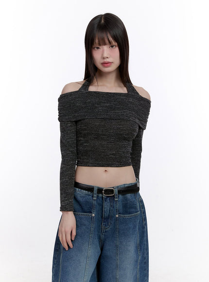 off-shoulder-crop-top-with-halter-strap-cf512 / Dark gray