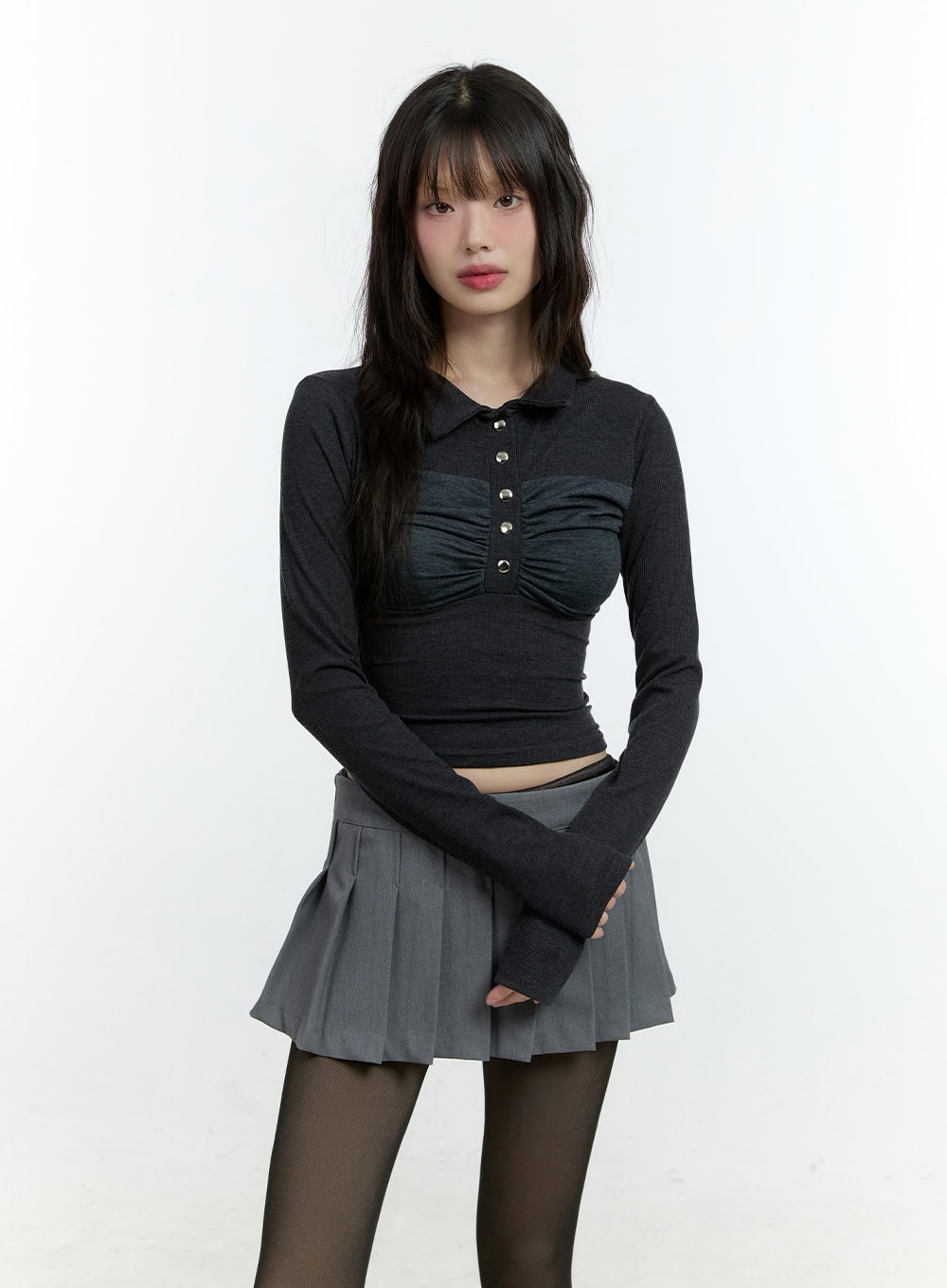 shirring-long-sleeve-collared-crop-top-cf507 / Dark gray