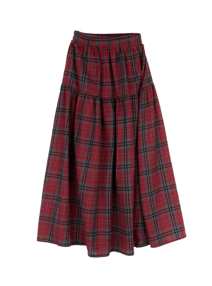 plaid-frill-maxi-skirt-cn527 / Dark red
