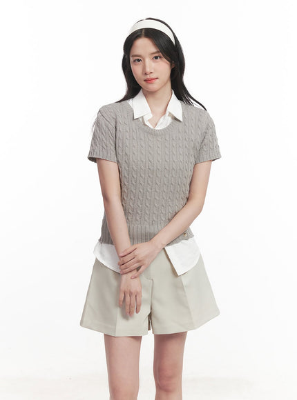 cable-knit-short-sleeve-sweater-ca510 / Gray