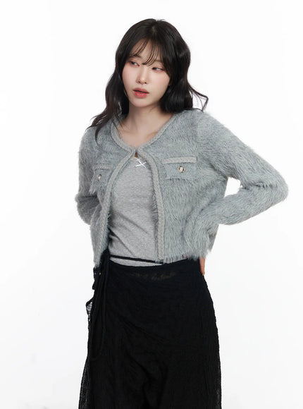 fuzzy-angora-tweed-cardigan-cj526 / Gray