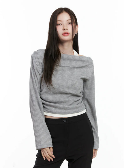 ribbed-knit-off-shoulder-with-halter-top-co503 / Gray