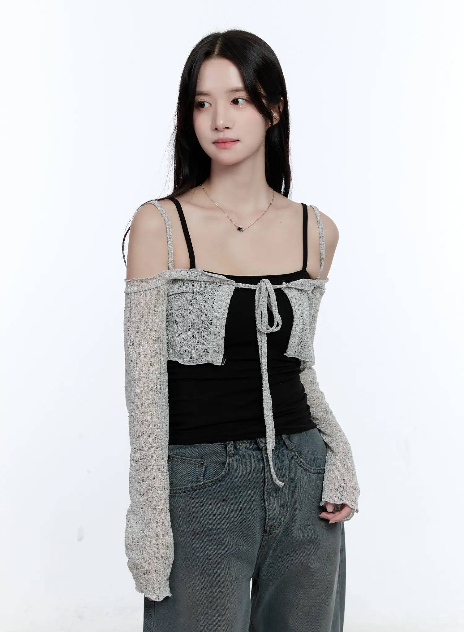 frilly-front-tie-cropped-bolero-cardigan-cg512 / Gray