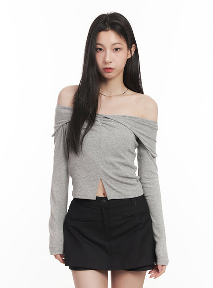 slim-fit-off-shoulder-long-sleeve-top-cm517 / Gray