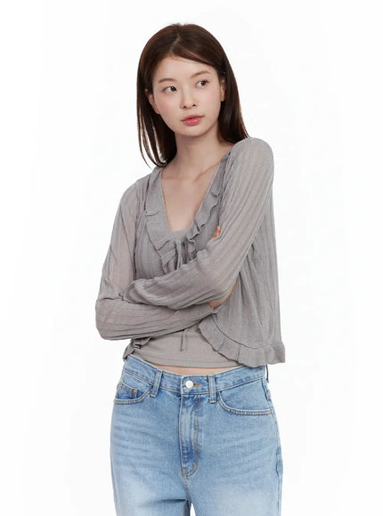 sheer-frill-tie-cardigan / Gray