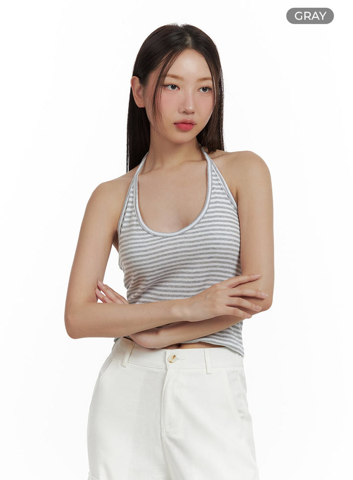 stripe-halter-crop-top-cu420 / Gray